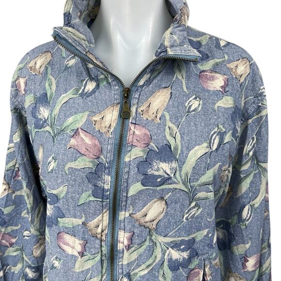 Vintage Vital Zone Blue 100% Silk Floral Relaxed Full Zip High Neck Jacket Sz S - Picture 3 of 4